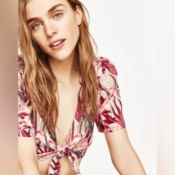 Zara Pink Flamingo Tie Front Crop Top - Picture 3 of 7